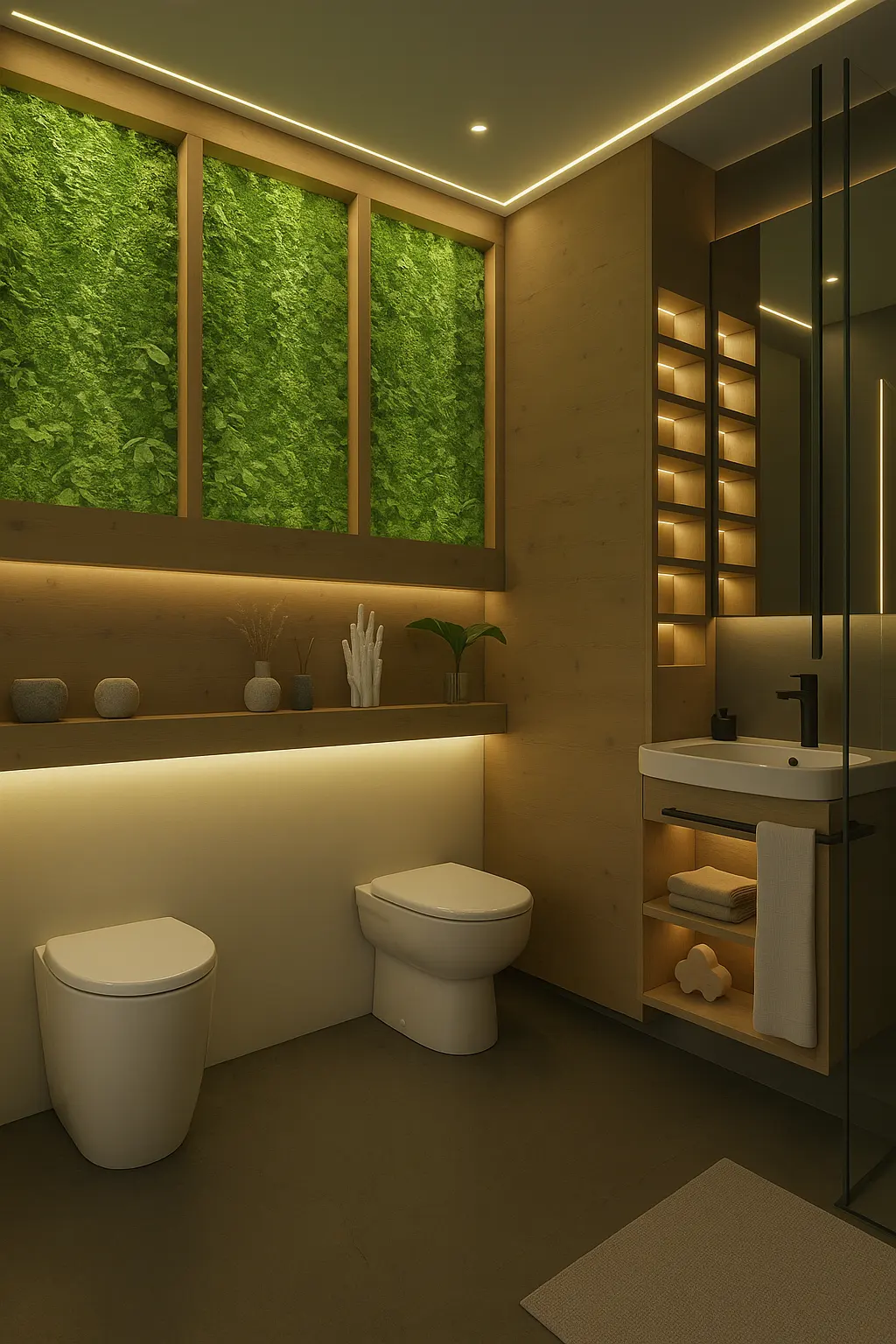Instalação sanitária com painéis verdes e iluminação indireta