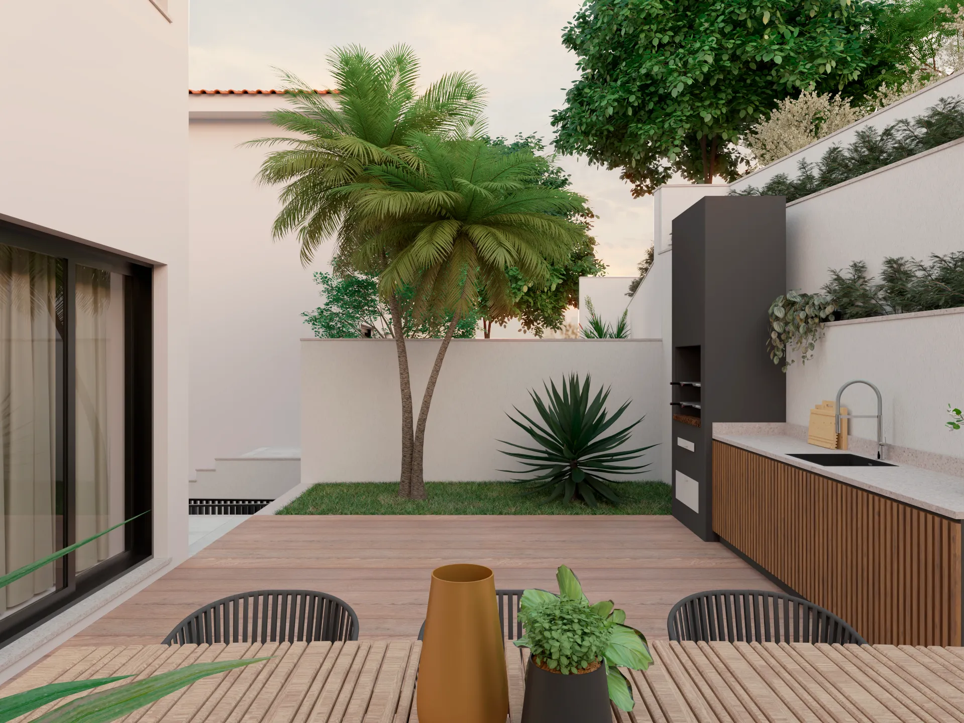 Jardim e cozinha exterior do terraço