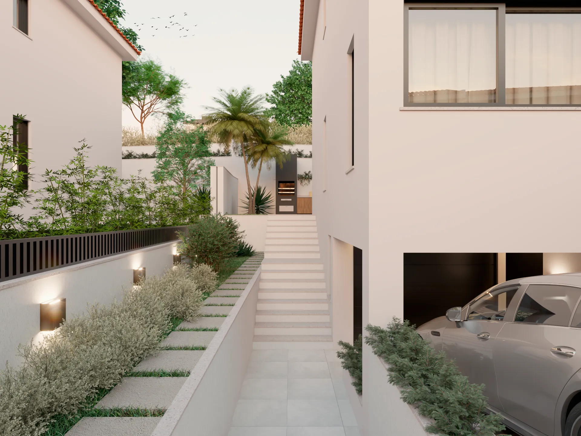 Escadaria exterior, jardim e acesso à garagem