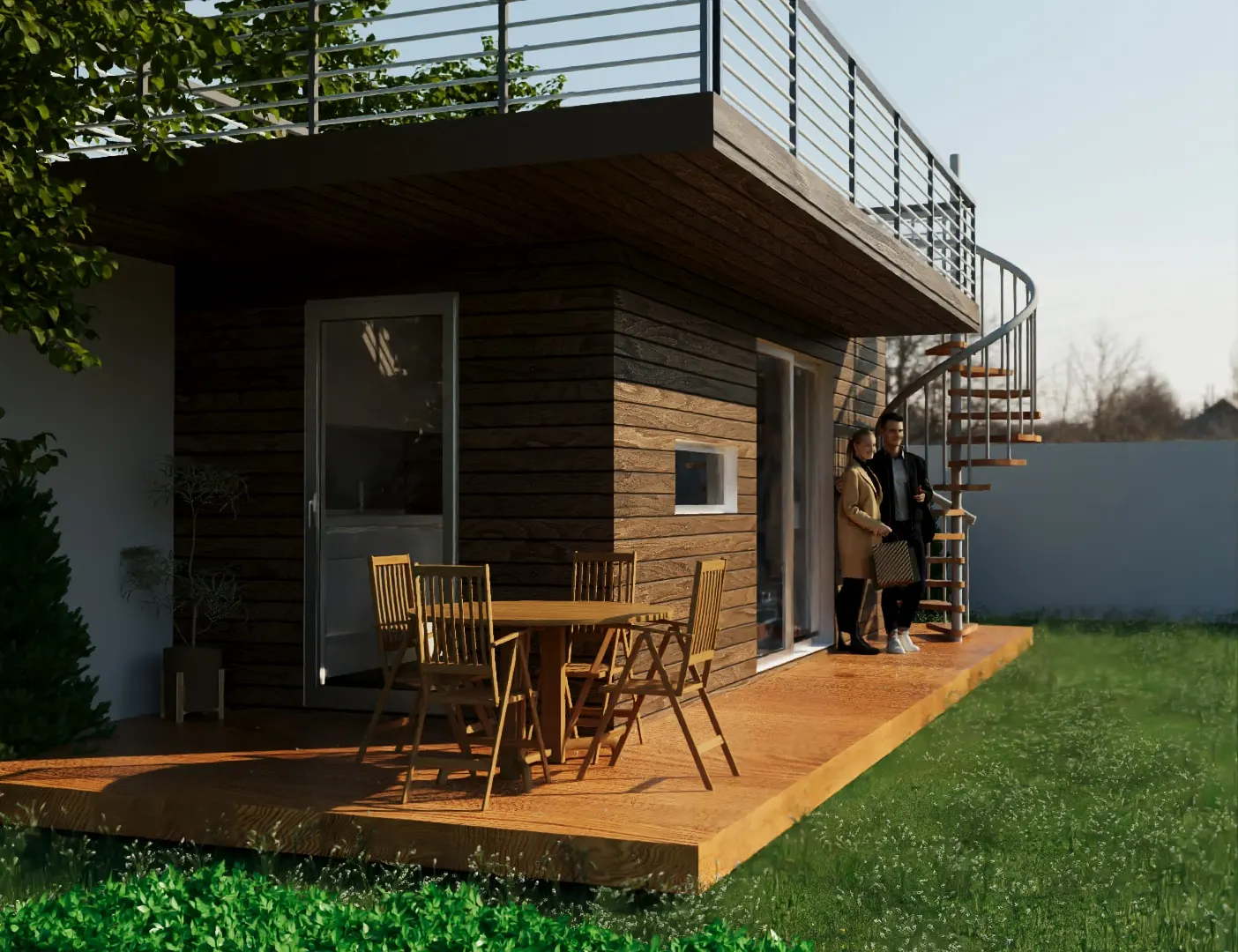 Fachada em madeira, deck e escada exterior do showroom